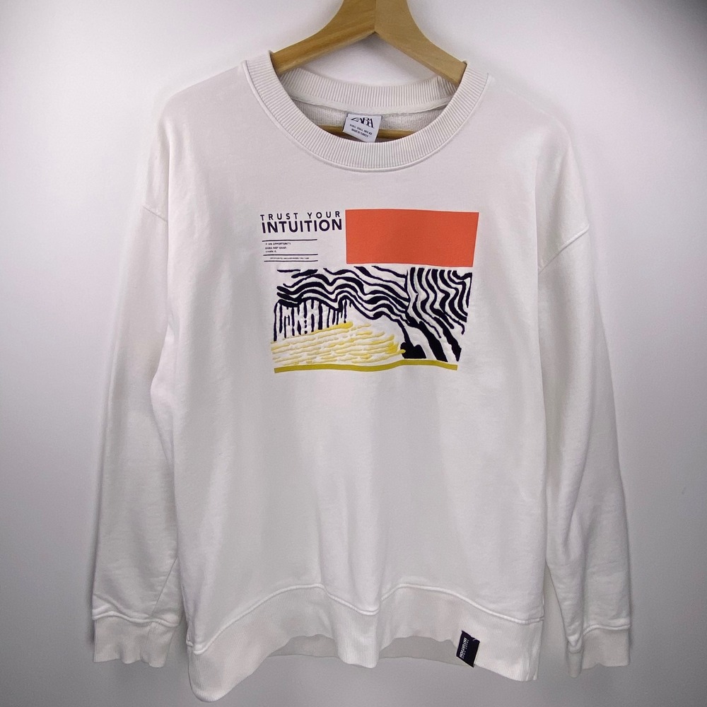 Zara Graphic Sweatshirt Mens LG White Trust Your Intuition Abstract Streetwear